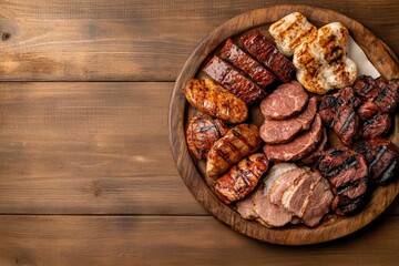 Fototapeta premium rustic platter with assorted grilled meats on wooden table