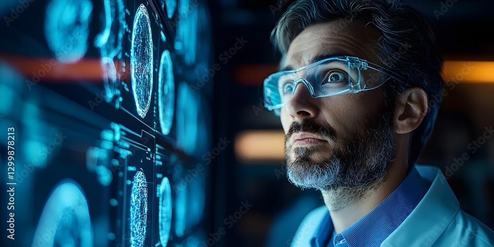 Poster scientist studying data on screen