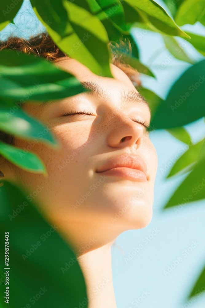 Poster serene portrait of person surrounded by greenery with soft diffused light creating calming atmospher