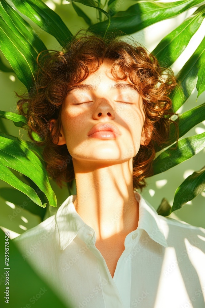 Poster serene portrait of person surrounded by greenery with soft diffused light creating calming atmospher