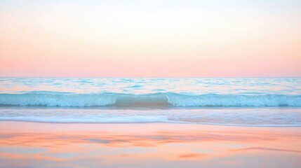 Fototapeta premium serene shoreline with gently rolling pastel-hued waves during sunset calm ocean horizon with soft light evoking tranquility