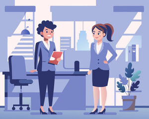 LGBT Person in the Office – Two Women Talking, One in a Men’s Business Suit – Vector Illustration
