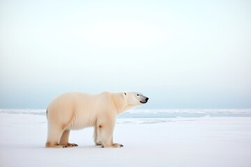Fototapeta premium solitary polar bear stands on vast expanse of ice endless white backdrop providing ample copy space