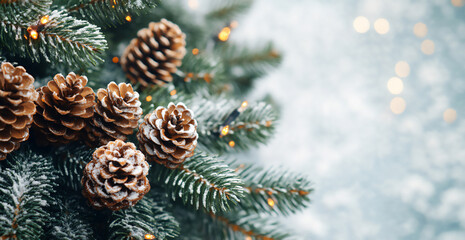a christmas tree adorned with pine cones and lights against a light backgr