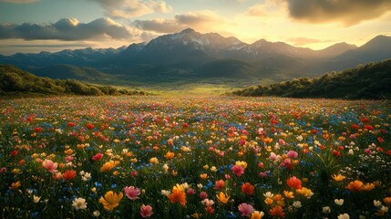 Fototapeta premium Sunset over mountain wildflowers