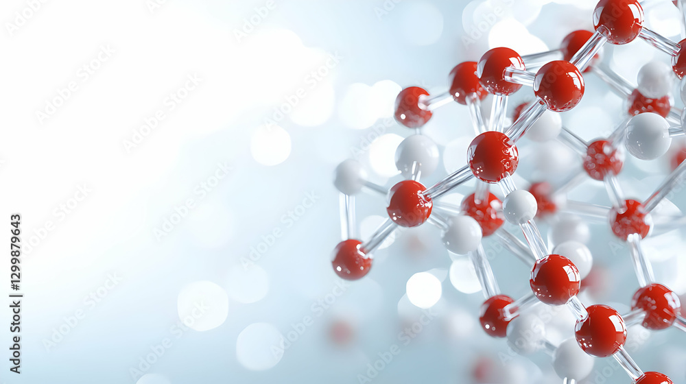 Poster red and white molecular structure against soft blue bokeh background demonstrating scientific visual