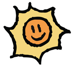 Hand drawn crayon illustration of happy sun for day time, summer break, sticker, picnic, park, beach vibe, icon, cute patch, hot season, warm weather, temperature, earth, nature, garden, outdoor