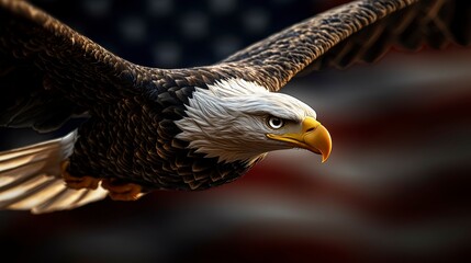 Naklejka premium American Bald Eagle in Flight, National Flag Background