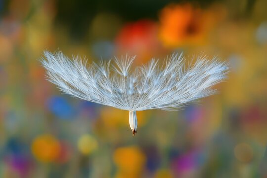 A dandelion seed head floats gently against a vibrant, blurred background of colorful flowers.