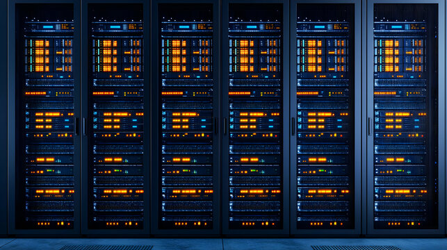 Array of Server Racks with Bright Lights in Blue Lit Data Center
