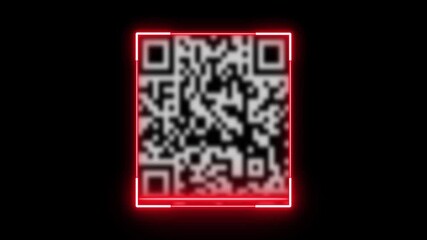 Glowing neon light animated barcode or qr code scanner, QR code scanner animation, QR code animation, Scan qr code icon with laser, neon barcode scanner animation on black background