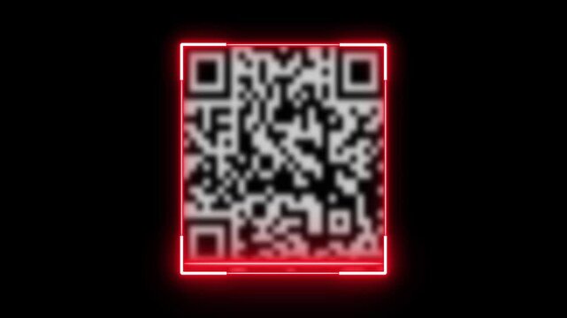 Glowing neon light animated barcode or qr code scanner, QR code scanner animation, QR code animation, Scan qr code icon with laser, neon barcode scanner animation on black background