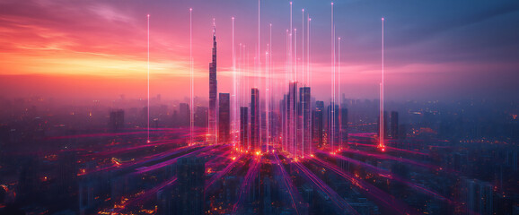 Naklejka premium a city skyline at night with glowing lines of data flowing between buildin