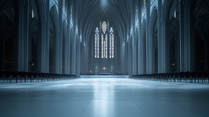 Fototapeta premium time-lapse fusion of a grand cathedral interior, sunlight shifting through stained glass windows, shadows stretching across intricate stone carvings, sense of history and reverence, architectural
