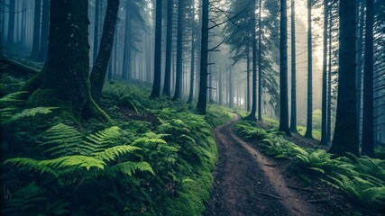 Misty Enchanted Forest with Vibrant Ferns and Dramatic Lighting V4