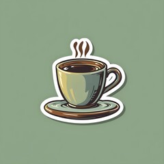 Obraz premium Coffee Sticker: A charming illustrated sticker of a steaming cup of rich, aromatic coffee sitting on a saucer, creating a sense of warmth and comfort. Ai generated image