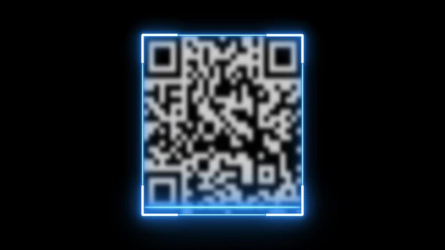 Glowing neon light animated barcode or qr code scanner, QR code scanner animation, QR code animation, Scan qr code icon with laser, neon barcode scanner animation on black background