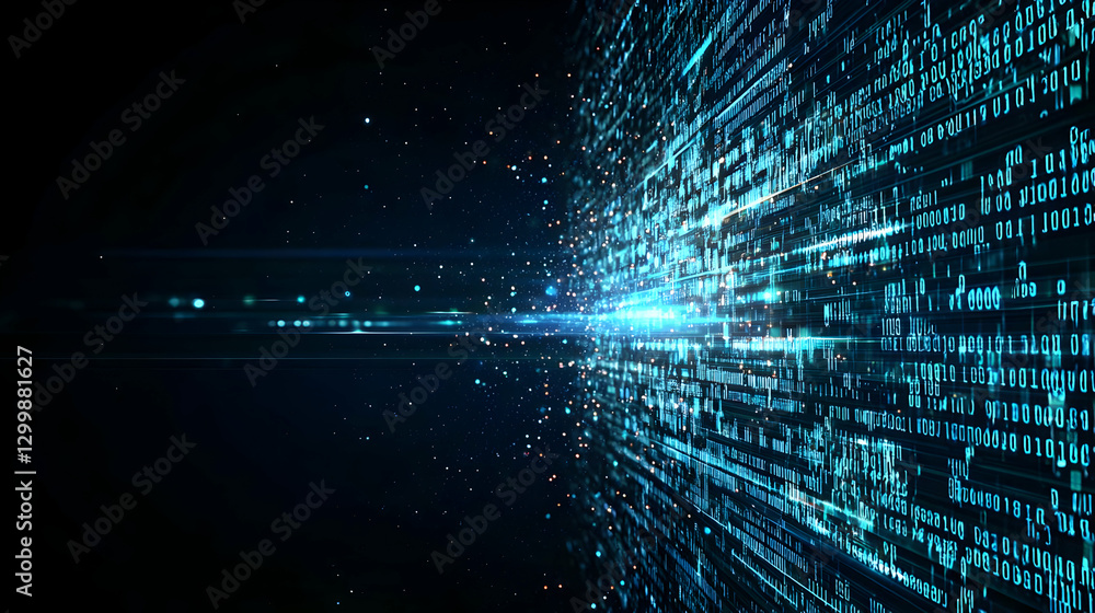 Poster abstract digital data flow visualization in blue with bright light and grid structure