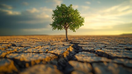 Resilient Tree in Parched Landscape at Sunset