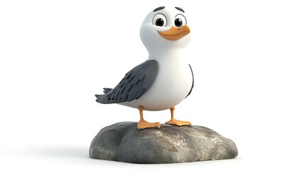Animated seagull character on rock cartoon style bright background