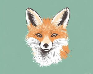 Obraz premium red fox head, curious fox, earthy green background, pointed ears, bright eyes, minimal artistic style, modern close-up