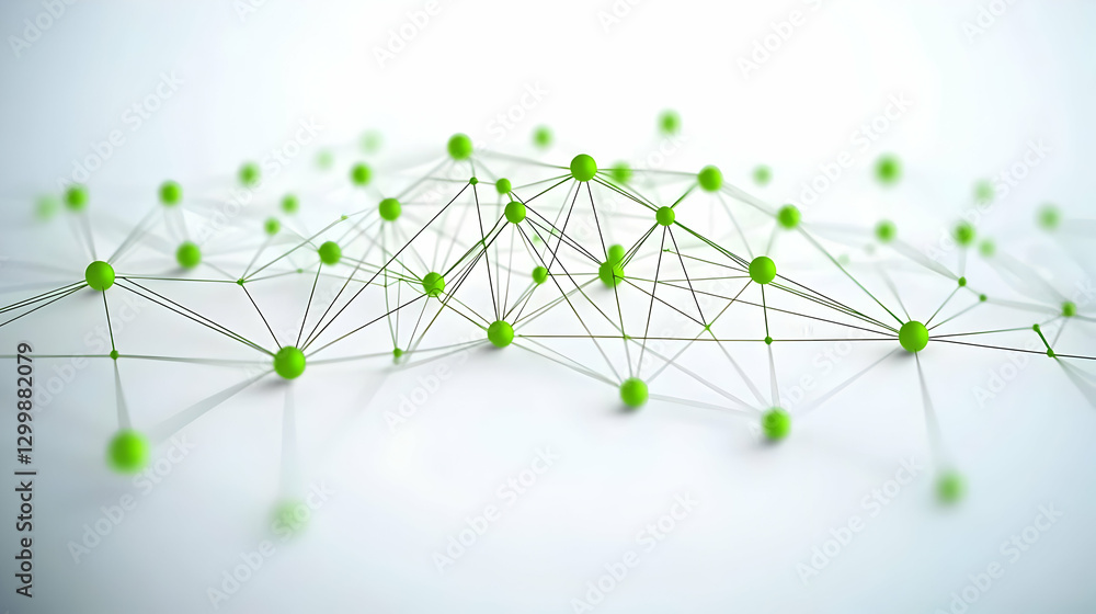 Poster abstract network of green spheres connected by dotted lines on white background with blurred gradien