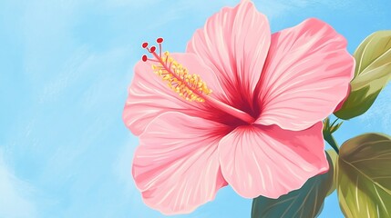 hibiscus flower, pink hibiscus, tropical sea blue background, bold petals, delicate center, clean artistic close-up