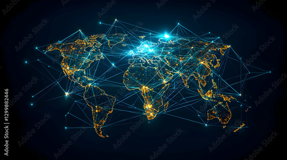 Poster abstract world map illustrating global connectivity with bright digital network lines