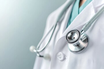 close-up photo of stethoscope resting on doctor lab coat with copy space