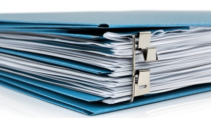Stacked Blue Folders with Paper Documents and Metal Clips