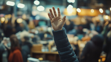 Hands up for attention in a crowd place