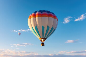 Obraz premium colorful hot air balloon gently floating above vast serene landscape capturing essence of peaceful adventure