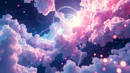 Visualization of quantum particles in motion with vibrant energy trails, creating deep dimensions and futuristic abstract patterns