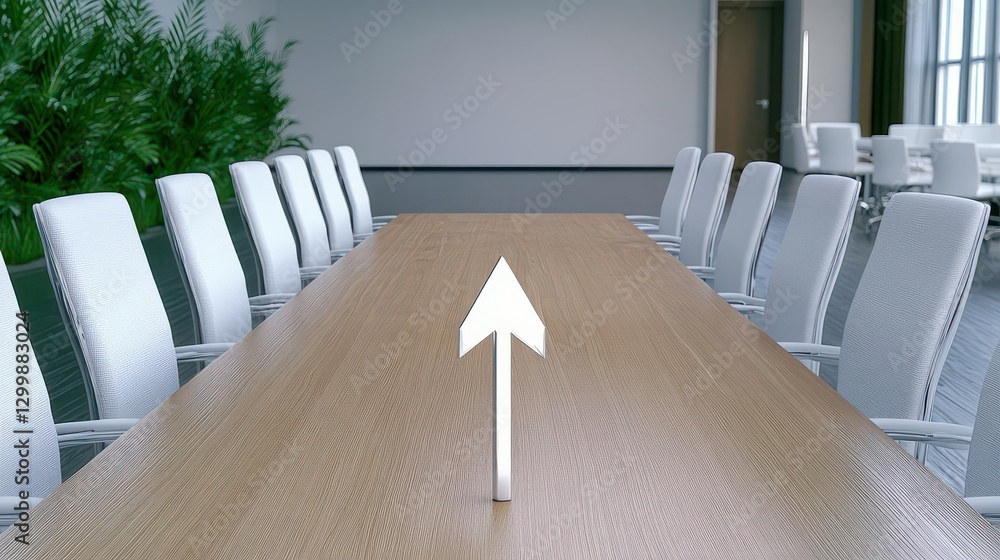 Poster Wooden table with a white arrow pointing upwards on a clean surface for directional guidance