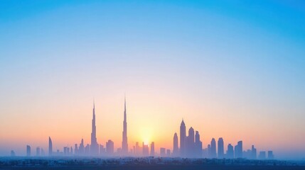 Fototapeta premium majestic urban skyline over vast modern city with skyscrapers can be seen jutting into sky at sunrise