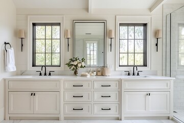 Elegant bathroom features dual sinks and framed mirrors above them