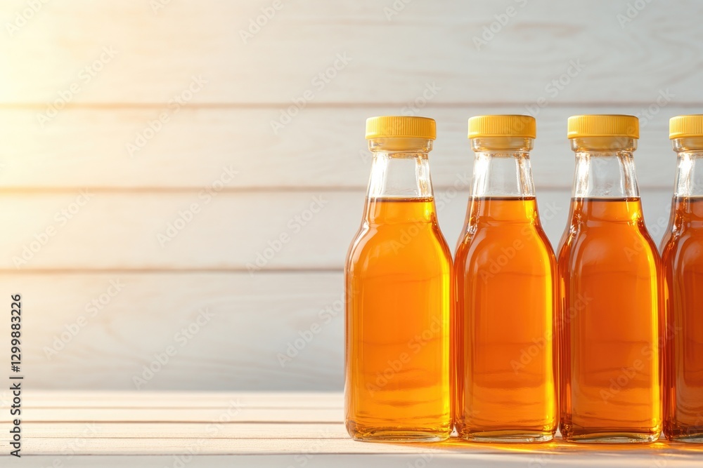 Poster rows of maple syrup bottles on rustic wooden table sunlight casting gentle shadows through golden sy