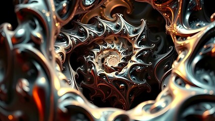 Three-dimensional fractal visualization with intricate details, infinite patterns, crystal and metallic textures, stunning futuristic aesthetics