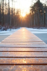 sparkling frost on wooden path leading through winter forest with first rays of sunlight filtering through