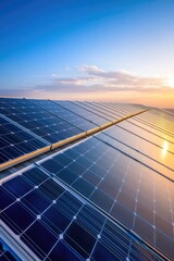 solar panels bathed in morning light stretching across rooftop with rich blue sky in background