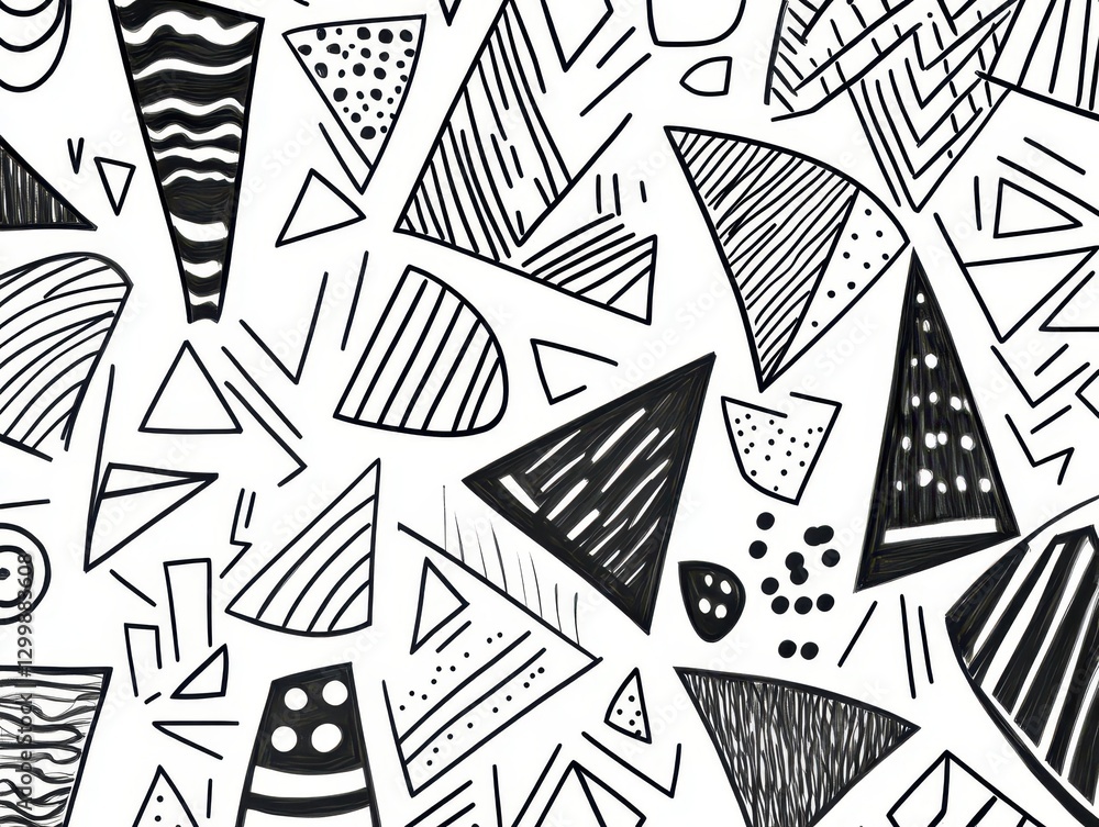 Aufkleber Black and white geometric pattern with various shapes and designs creating visual texture and contrast