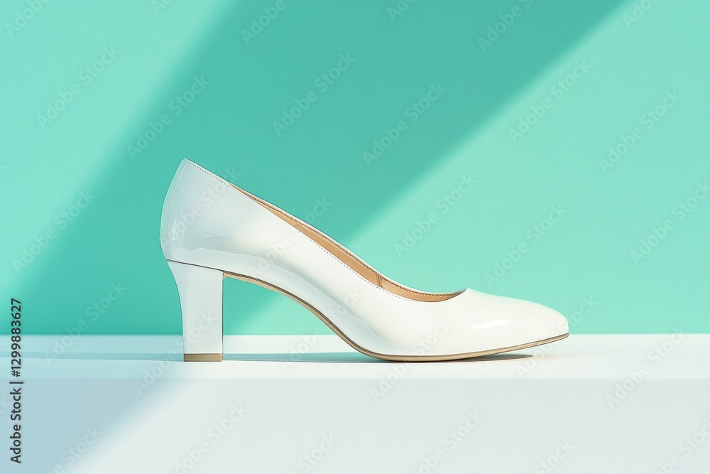 Poster clean close-up of heel of designer shoe resting on plain surface with soft shadows and wide copy spa