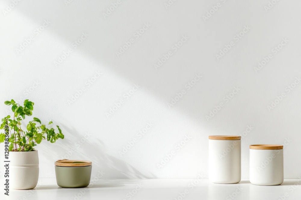 Poster clean and minimalistic kitchen countertop featuring reusable containers and plants emphasizing susta