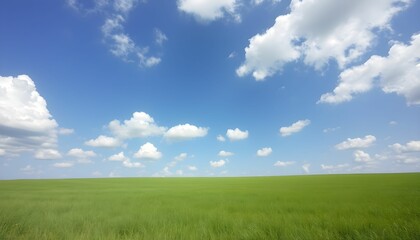 Vast Green Field Under a Bright Blue Sky with White Clouds