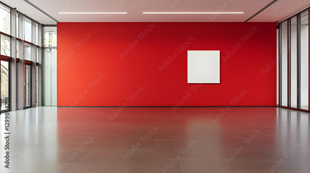 Poster empty red room with white wall rectangle and modern design with large windows and bright light
