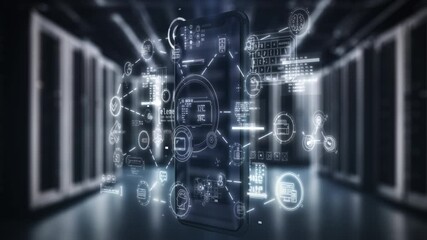 Smartphone showing interface connecting devices and data in server room - Powered by Adobe