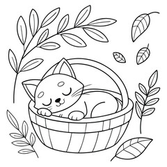 Create a black and white line drawing of a cute cat sleeping