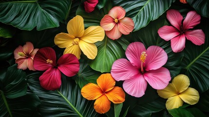 Obraz premium Vibrant hibiscus flowers in various colors arranged on lush green foliage. Perfect for tropical, summer, or floral themes, evokes feelings of warmth and beauty.