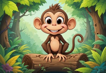 Cartoon Monkey Sitting on Log in Jungle with Cheerful Smile