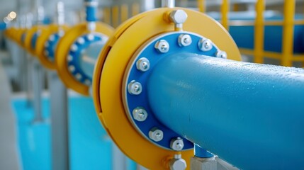 Industrial Pipe System with Bright Blue and Yellow Valves in Factory